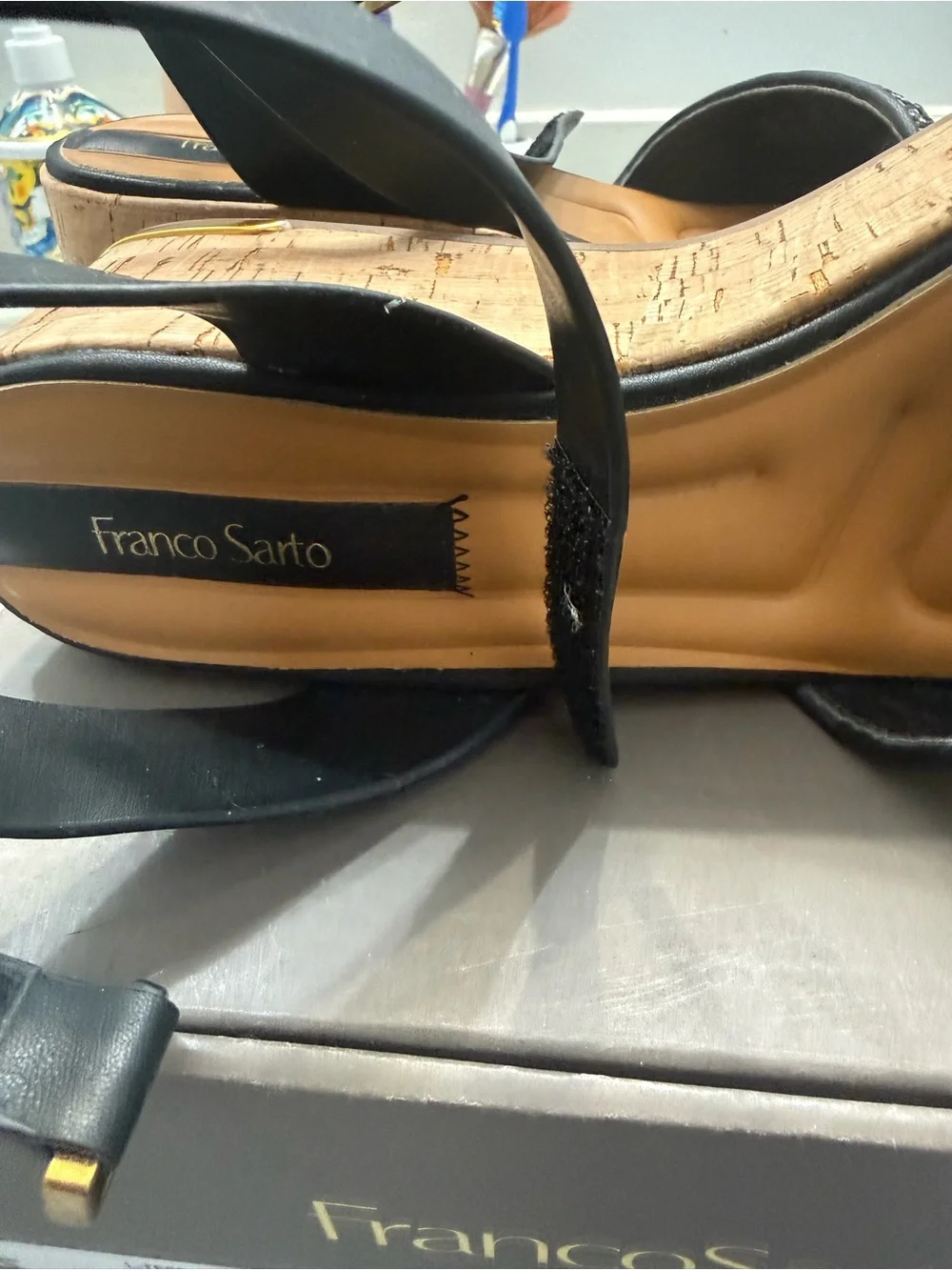 Franco Sarto Black & Natural Woven Cork Platform Sandals